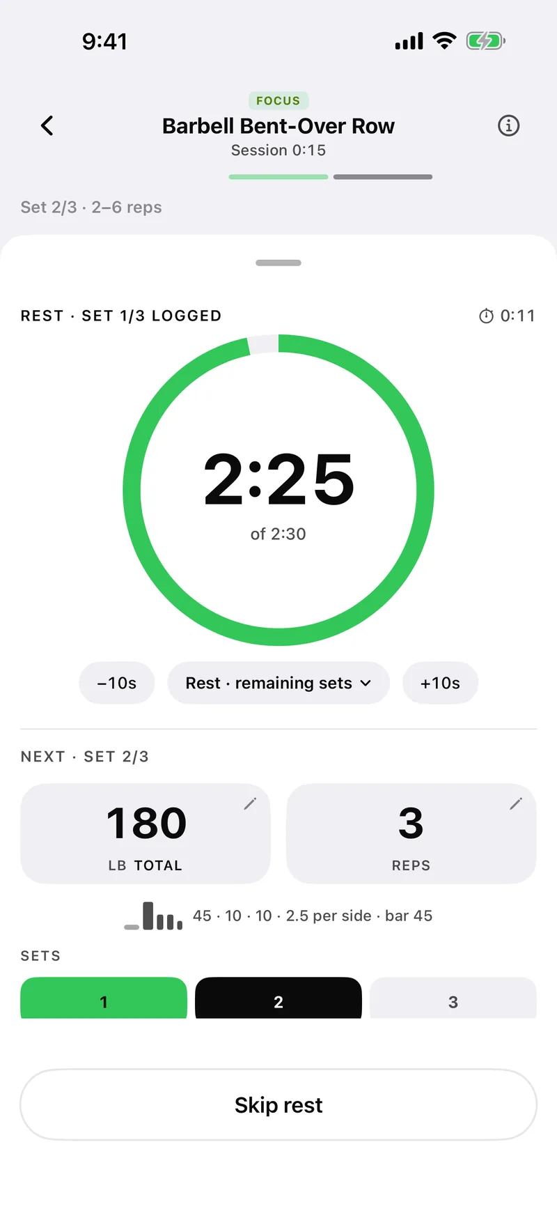 Rest timer: 2:25 remaining, with the next set ready