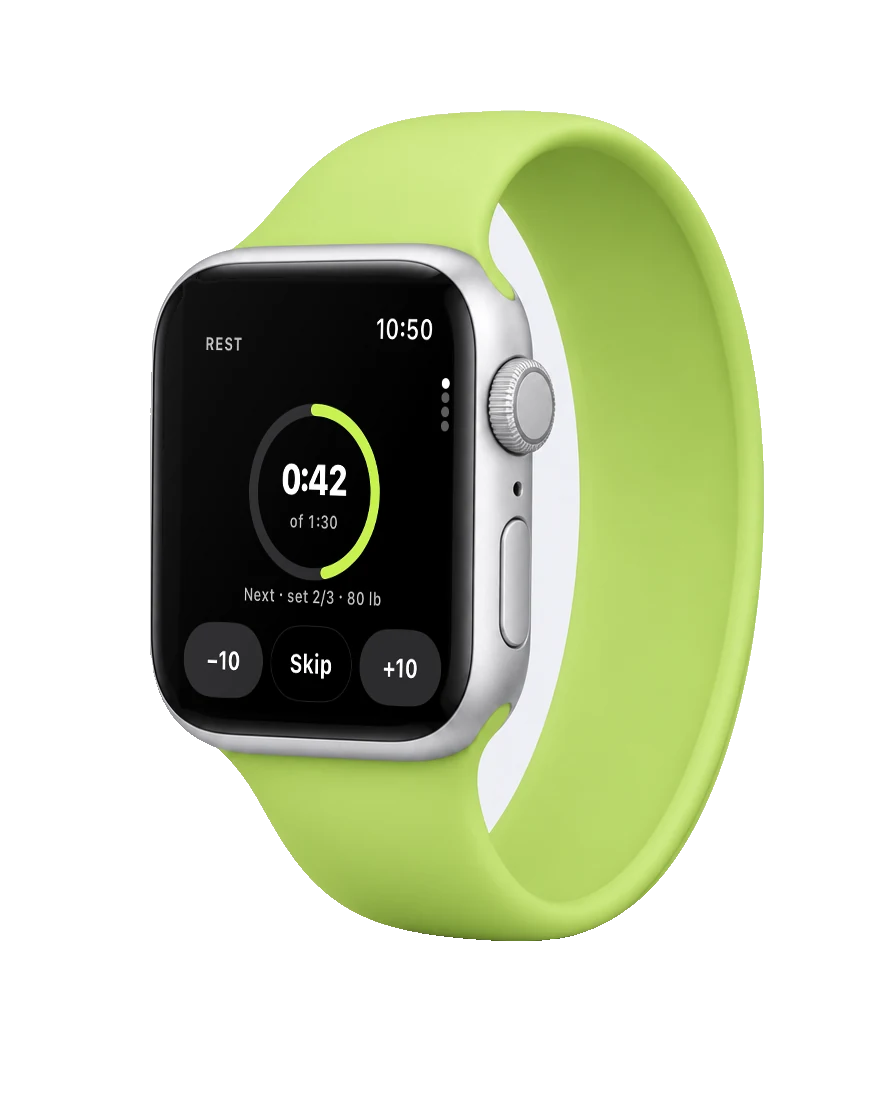 Daily Reps rest timer on Apple Watch with a lime band